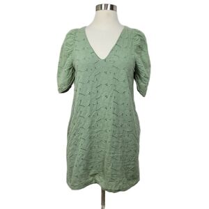 Mustard Seed Sage Green Puff Sleeve V-Neck Boho Cottage Eyelet Dress Size Small